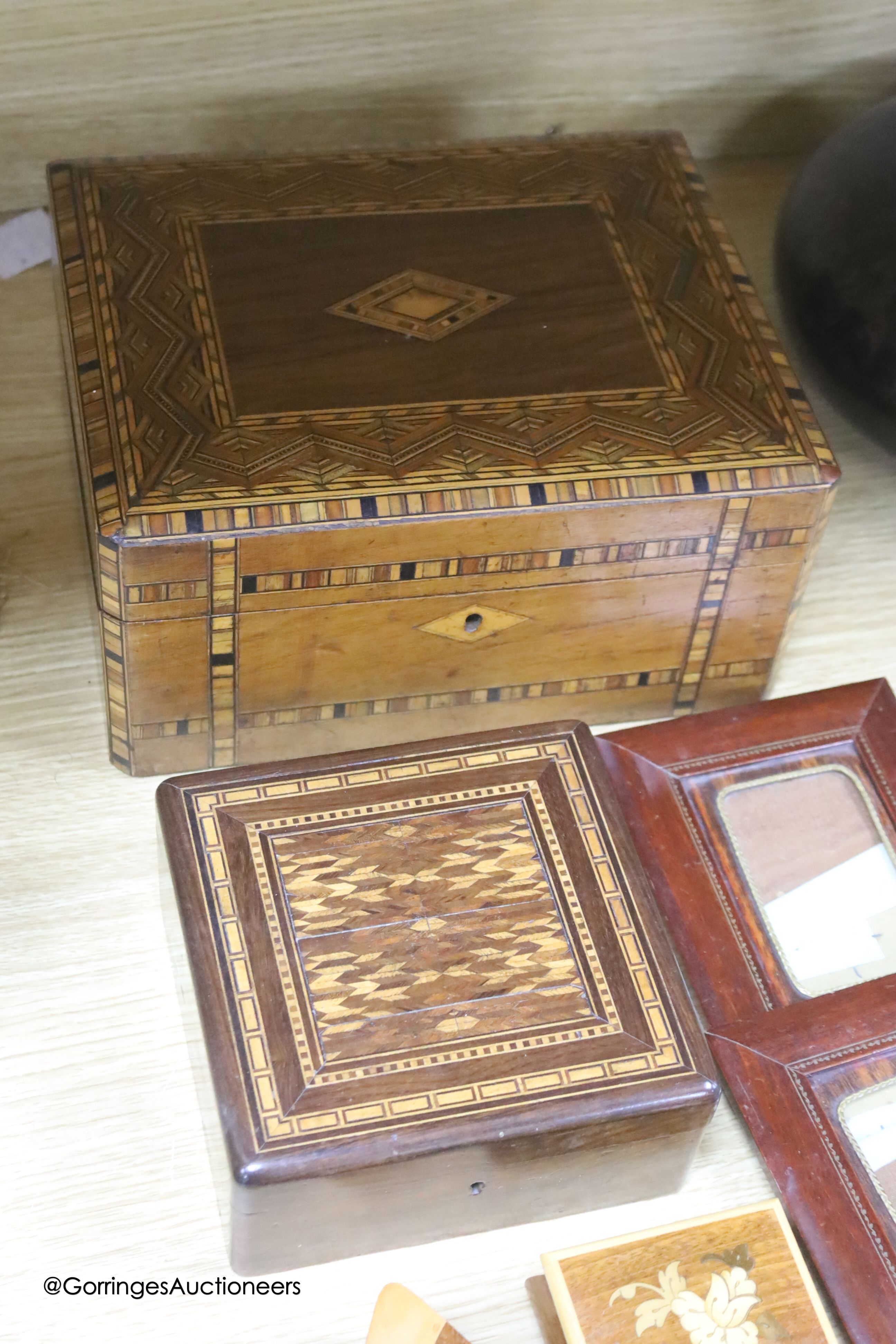 An inlaid writing slope, photo frames, boxes etc